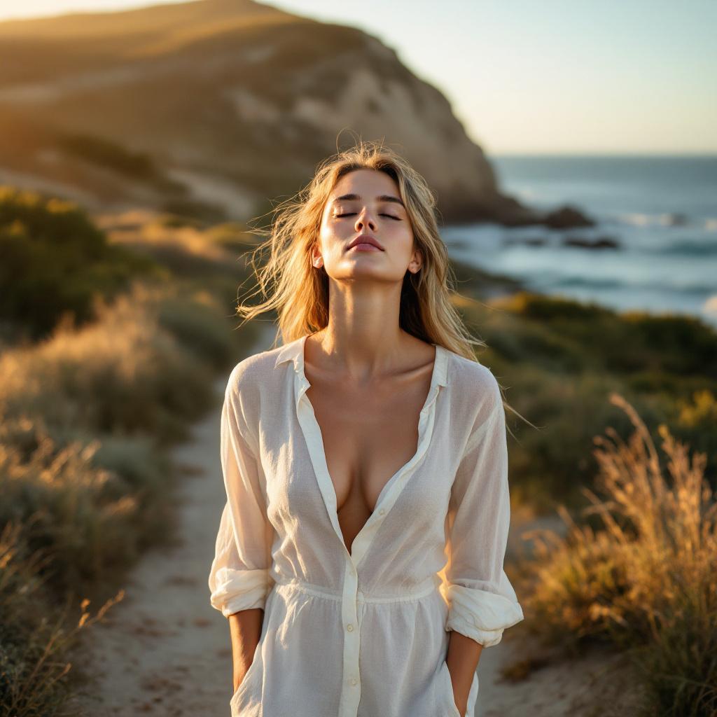 Freedom — woman breathing free on a Perth coastal path